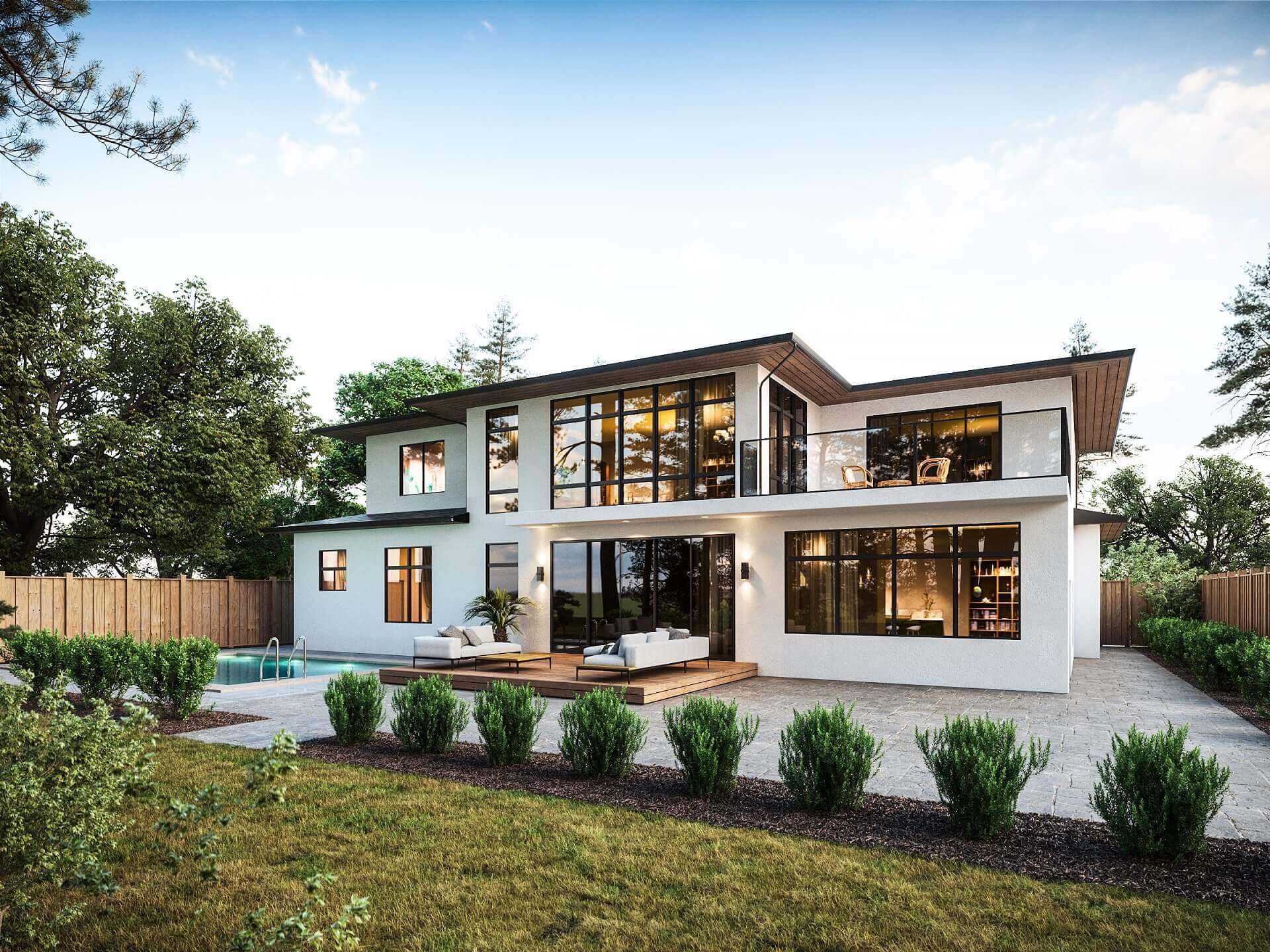 Modern two story luxury home with expansive windows, outdoor patio seating, landscaped backyard, and backyard swimming pool.