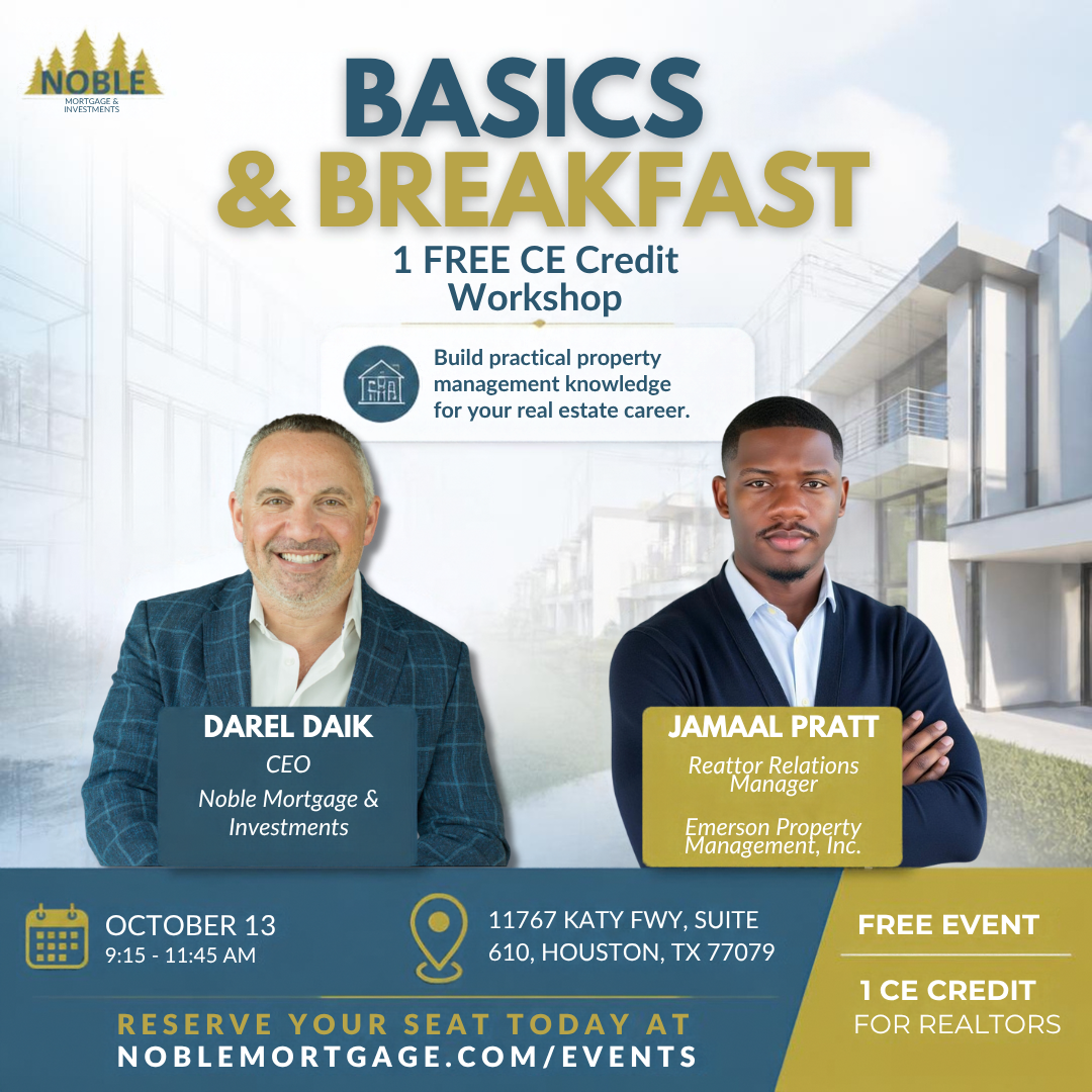 Noble Mortgage Basics & Breakfast real estate investing workshop event graphic.